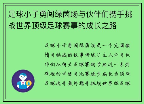 足球小子勇闯绿茵场与伙伴们携手挑战世界顶级足球赛事的成长之路